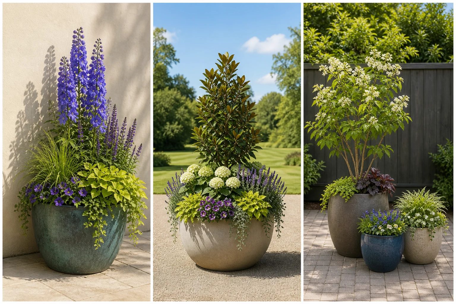 Three complete container compositions showing a wall-facing pot, an all-around pot, and a coordinated three-pot group