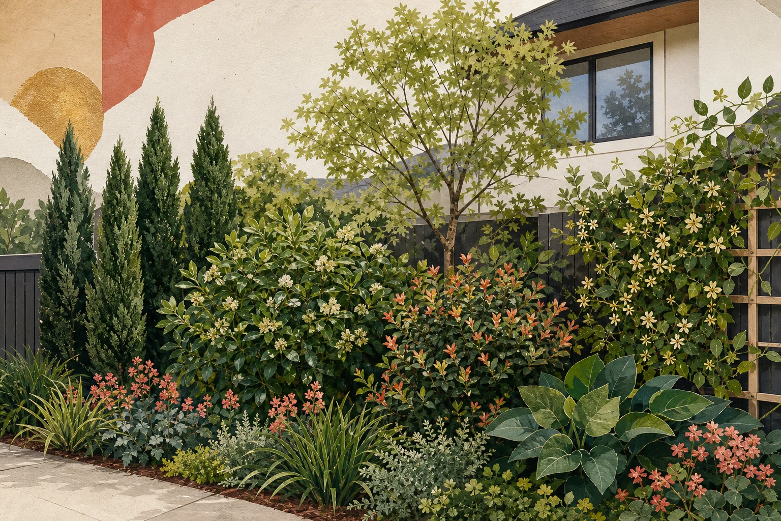 Collage of a layered privacy garden with narrow evergreens, mixed shrubs, a small tree, a climber, and a low planted edge