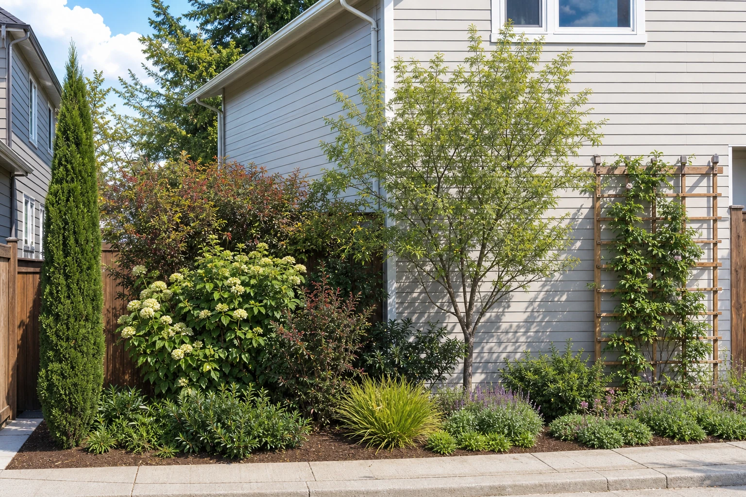 Boundary planting showing a narrow evergreen, broad shrubs, a small tree, a climber on a trellis, and lower plants
