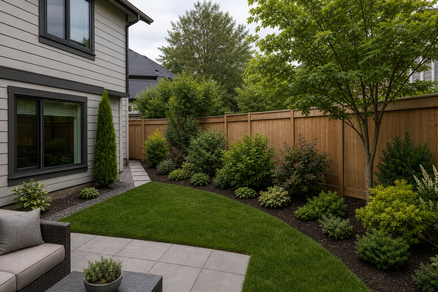 Patio and boundary garden with a narrow screen near the house, staggered shrubs, and a small tree breaking higher views