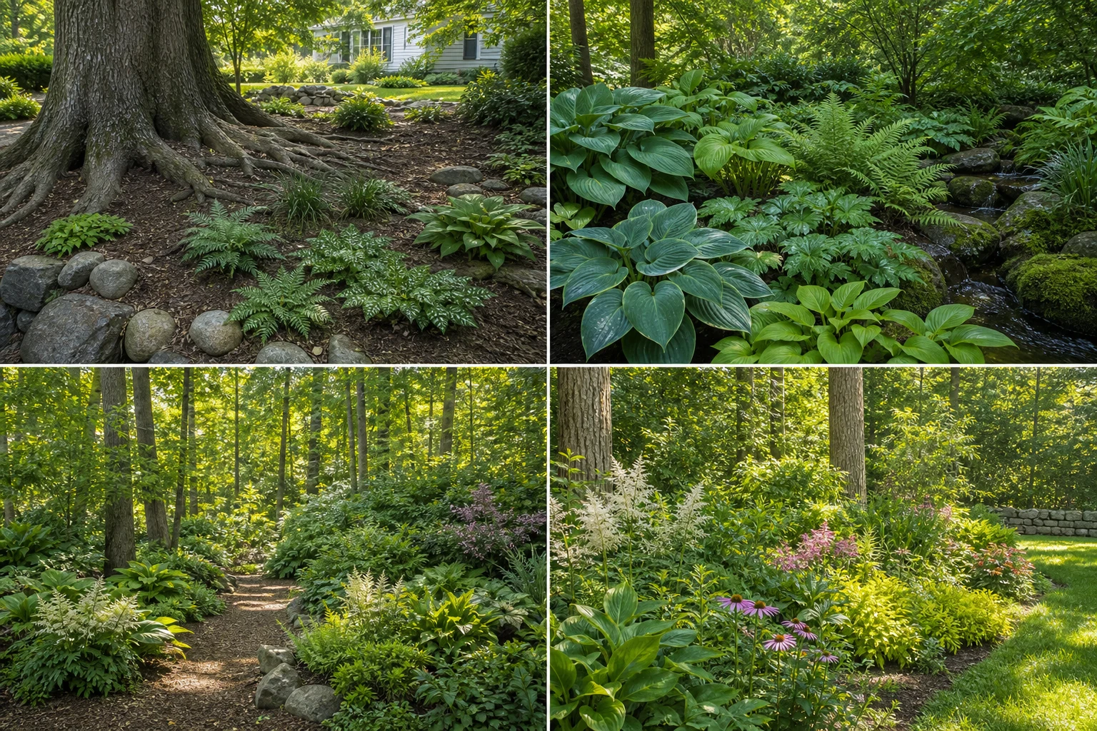 Four garden conditions showing dry shade under tree roots, moist shade, dappled shade, and a bright woodland edge