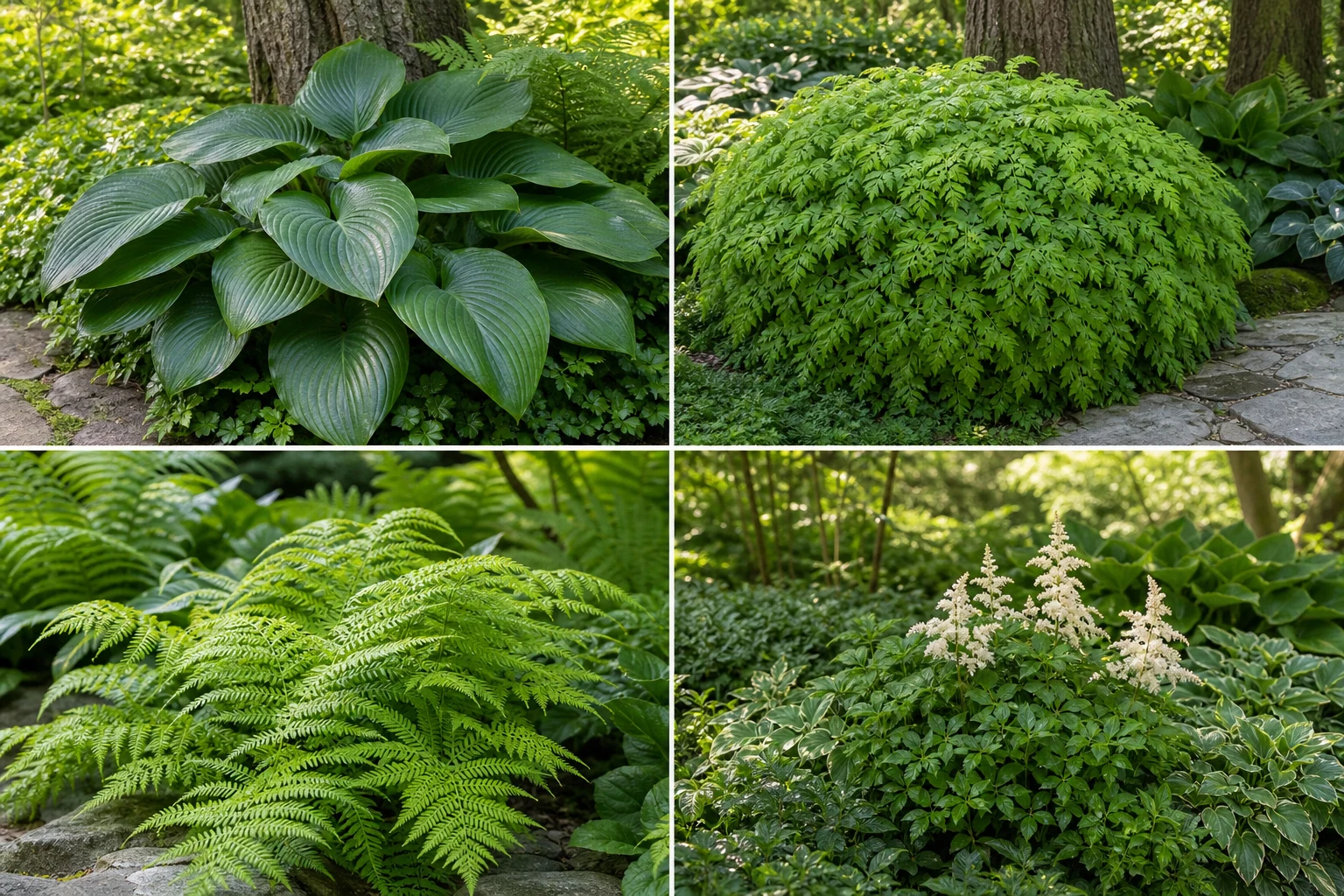 Four shade-garden close-ups showing a bold broad leaf, a rounded mound, fine fern texture, and a pale flowering accent