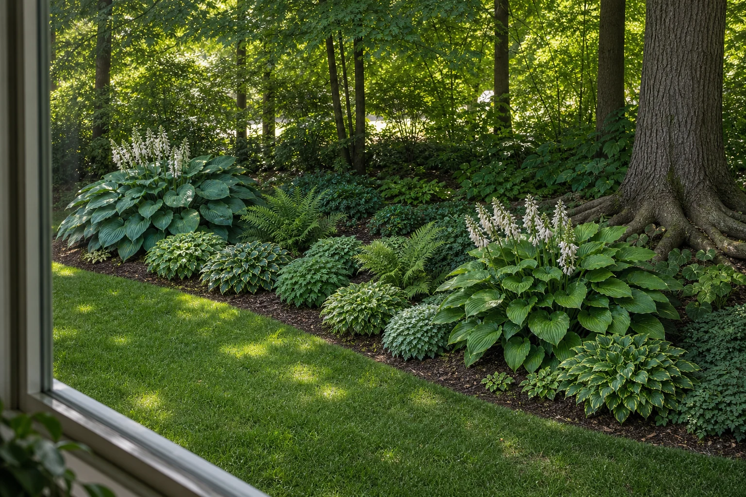 Shade border seen through a window with two broad-leaf anchors, repeated rounded mounds, fine fern texture, and pale flowers repeated near both anchors
