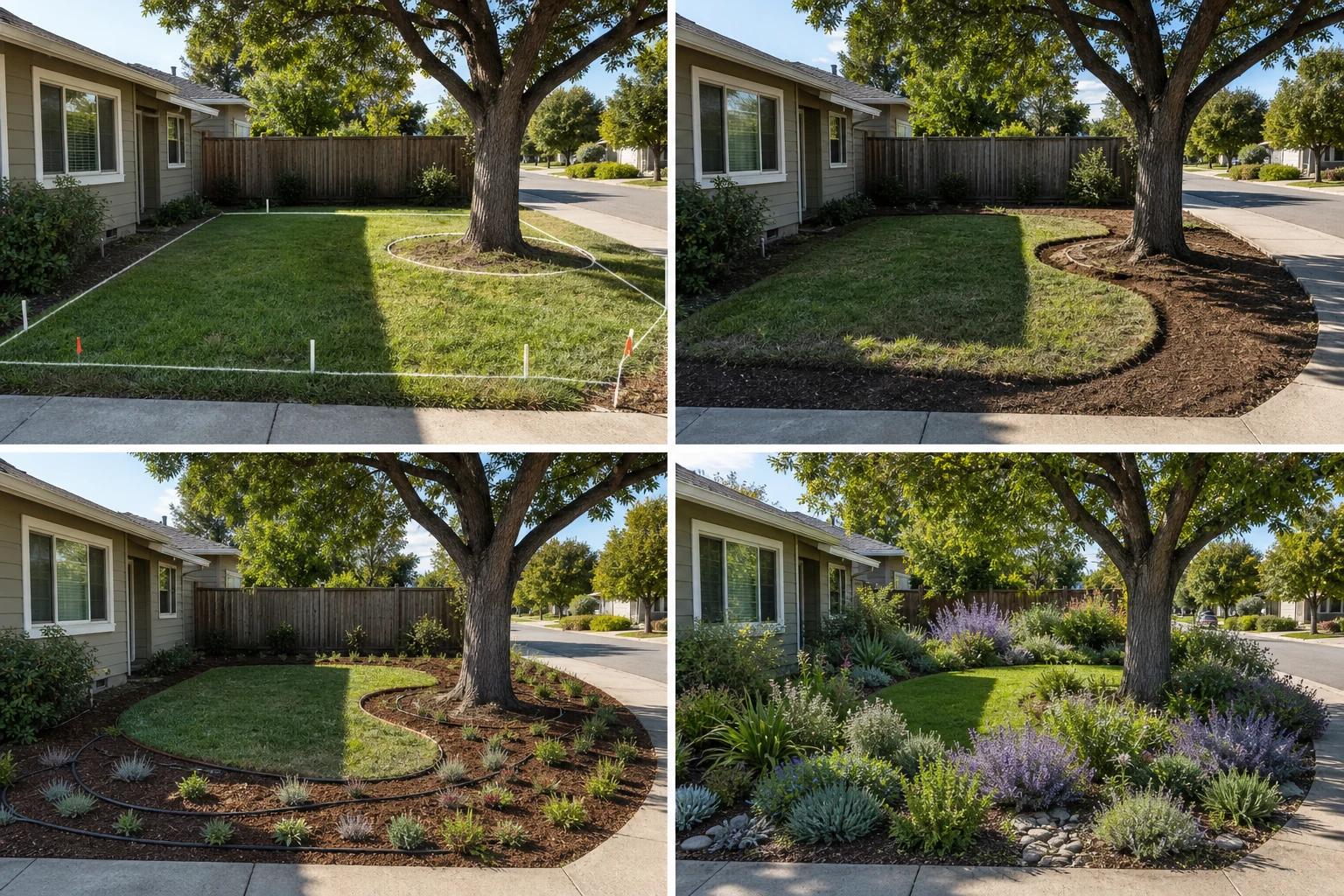 Four views of the same yard progressing from measurement to partial lawn removal, young planting, and an established water-wise garden