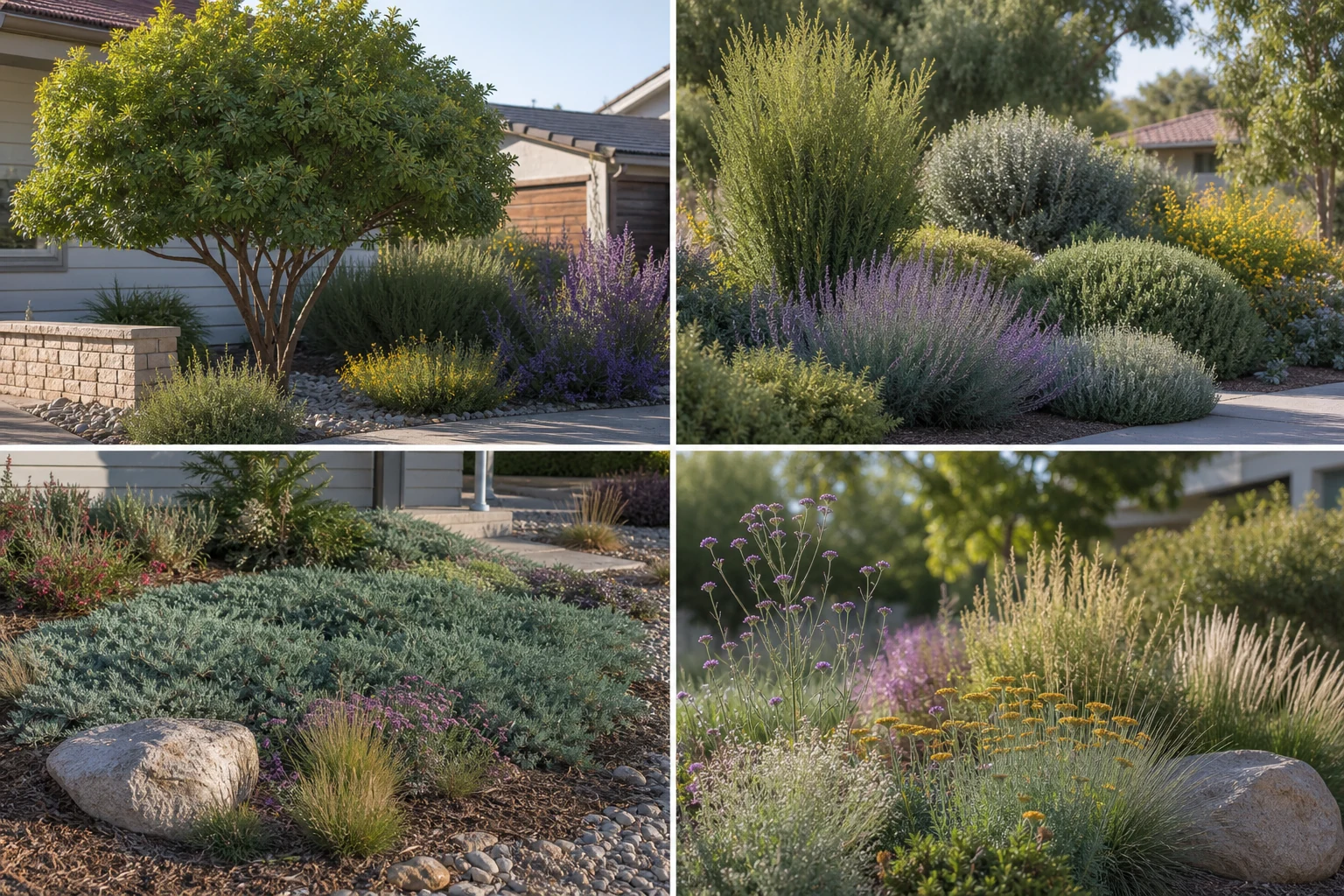Four water-wise planting close-ups showing durable structure, repeated middle masses, soil-covering planting, and seasonal accents