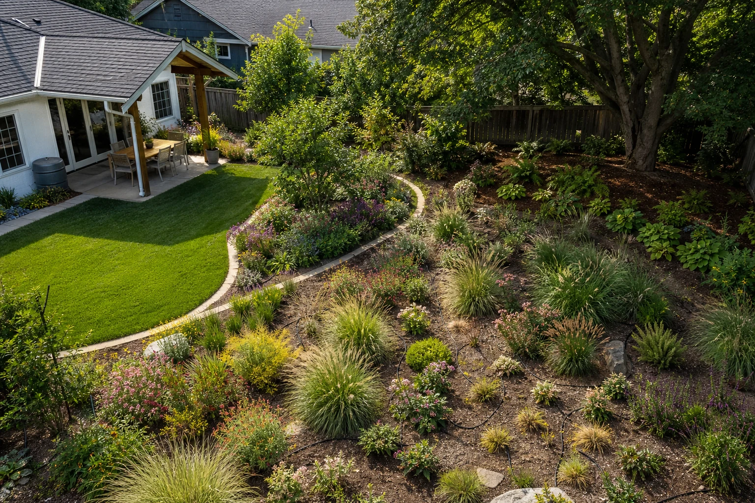 Elevated yard view with a small lawn by the patio, a transition bed, a broad low-water planting, and a mulched mature-tree zone