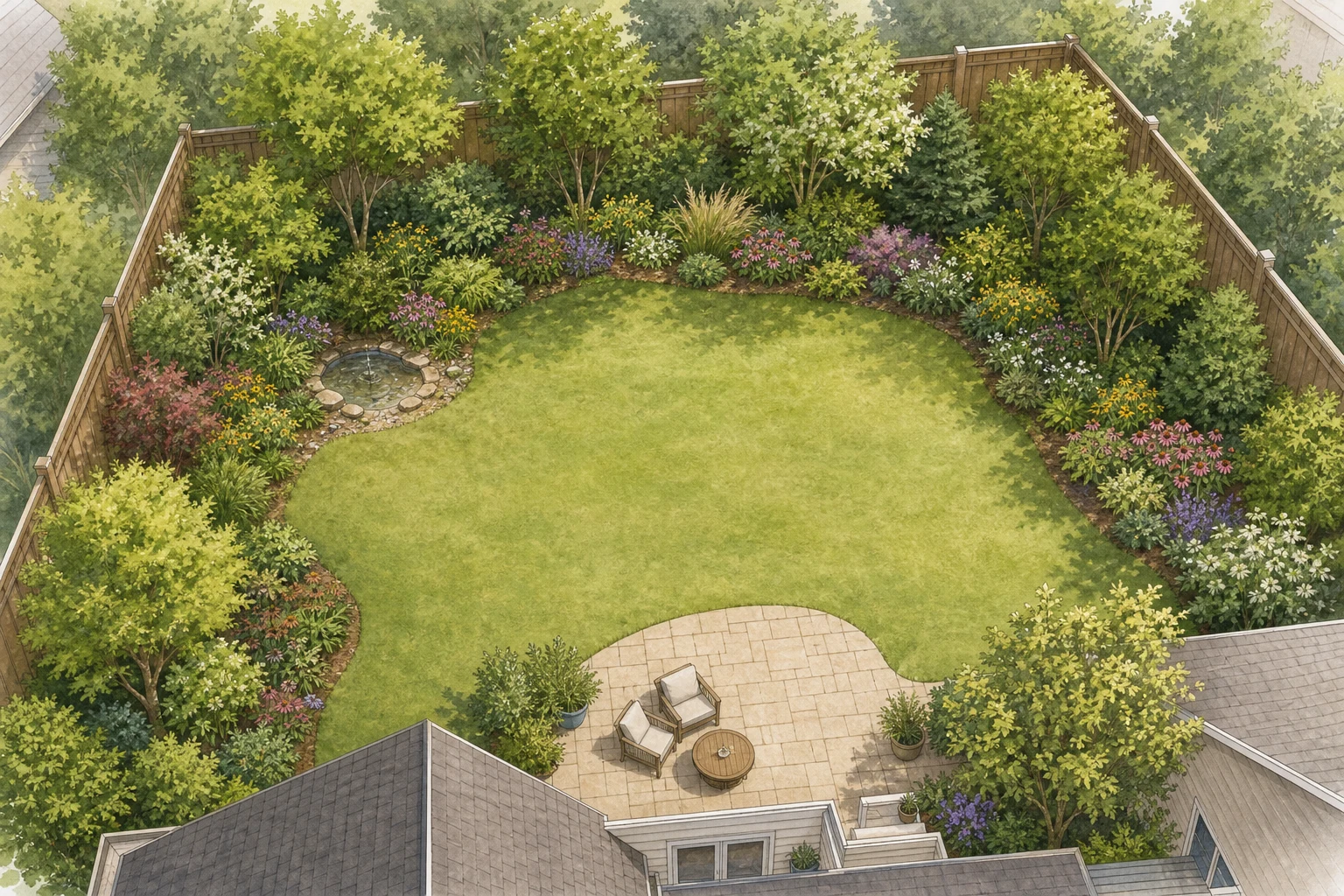 Top-down backyard plan with a continuous layered habitat edge, open center, patio, and water point