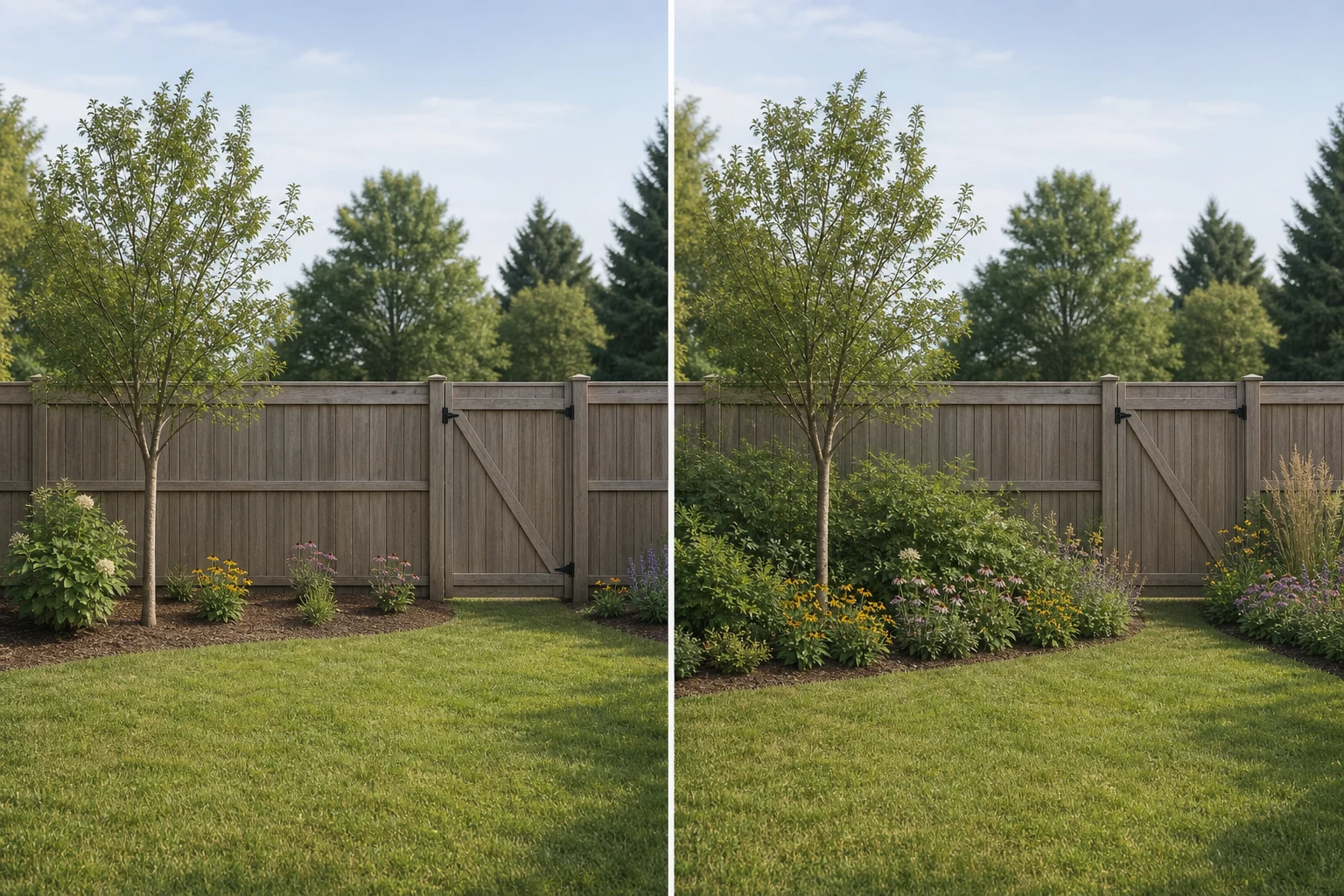 Two garden edges comparing isolated habitat patches with a continuous planted connection