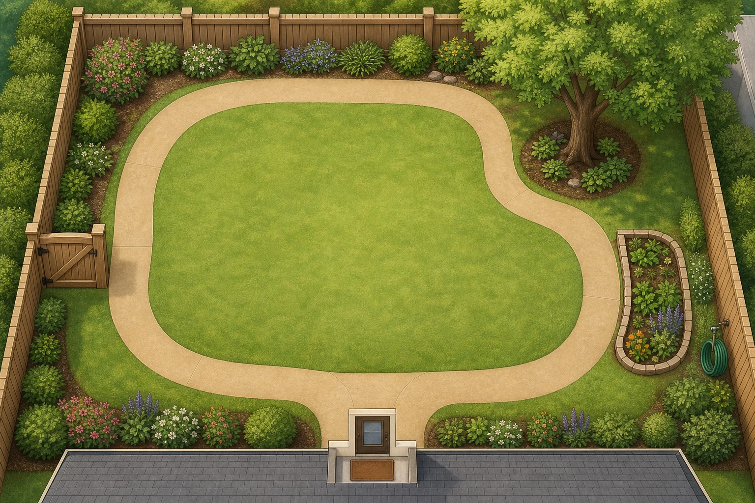 Top-down backyard plan with one loop around an open center, shade tree, low garden bed, hose, and closed gate