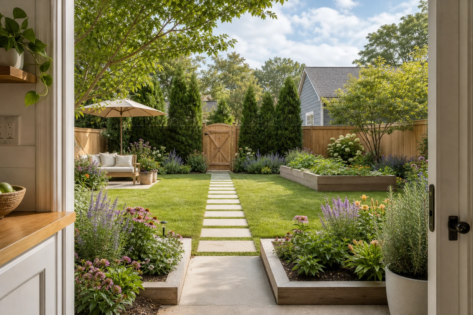 Clear view from a kitchen doorway across a low-planted backyard to the seat, garden bed, and closed gate