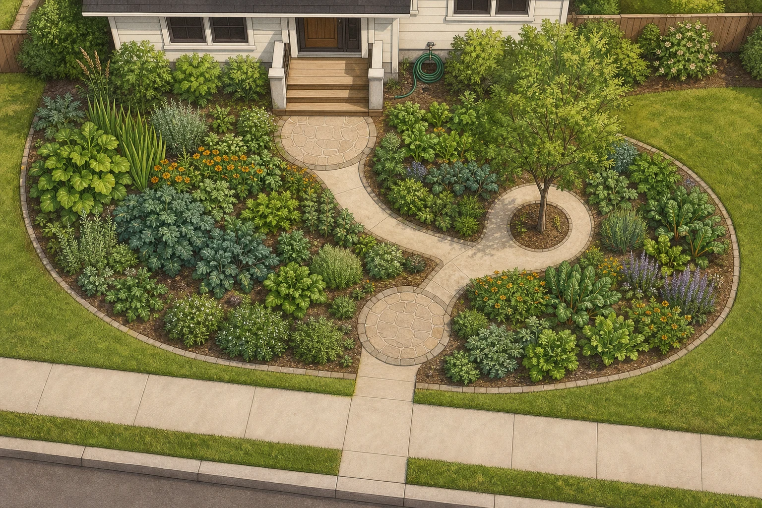 Top-down edible front-yard plan with a clear front walk, hose, broad plant masses, and short harvest access paths