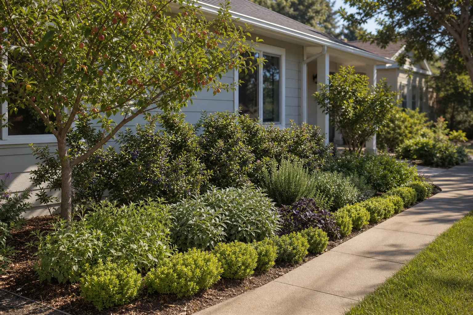 Front-yard bed with a small fruiting tree, repeated shrub layer, herb-like middle plants, and a low living edge