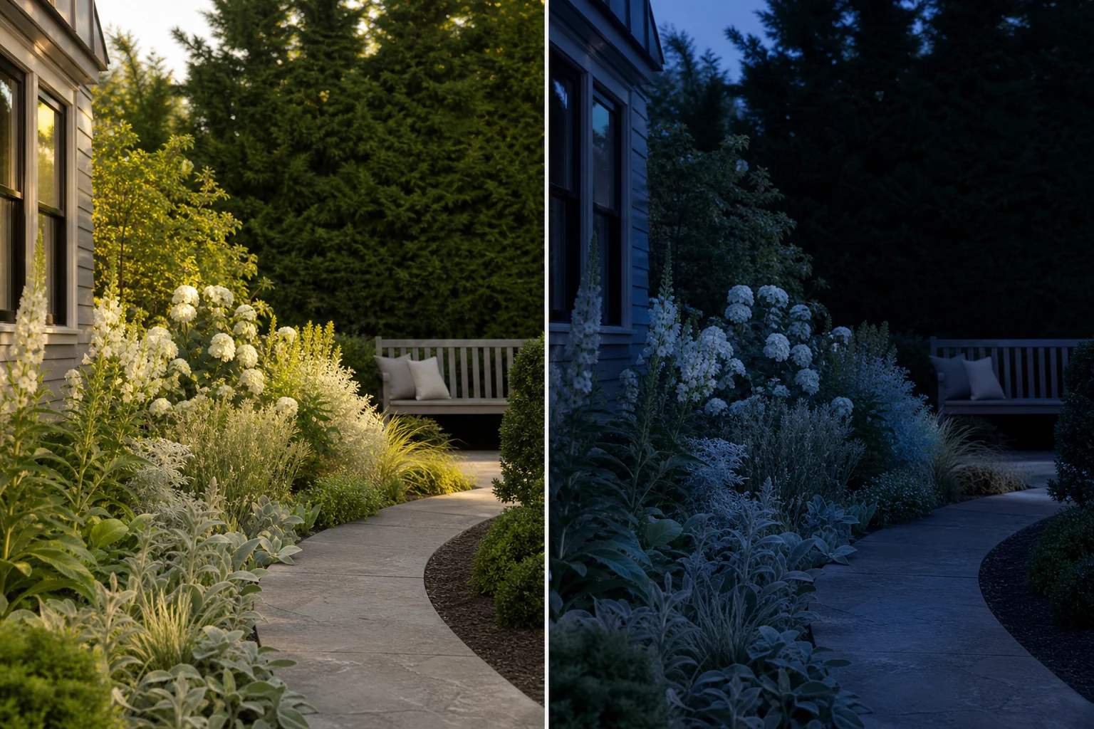 The same patio-edge garden in late afternoon and at blue hour with pale flowers, silver foliage, and a clear path