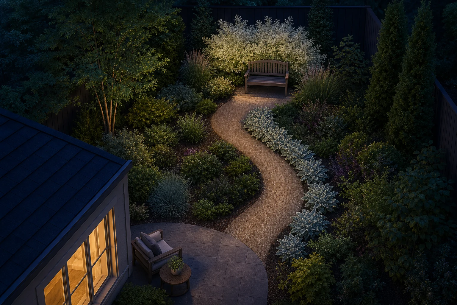 Blue-hour plan with a patio viewpoint, clear curved path, silver foliage, pale destination mass, and dark backdrop