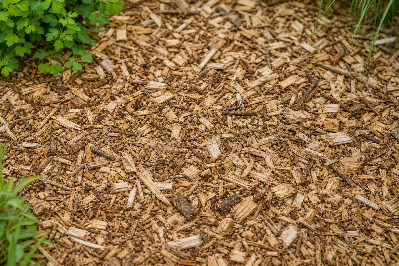 Pale irregular arborist wood chips spread between garden plants