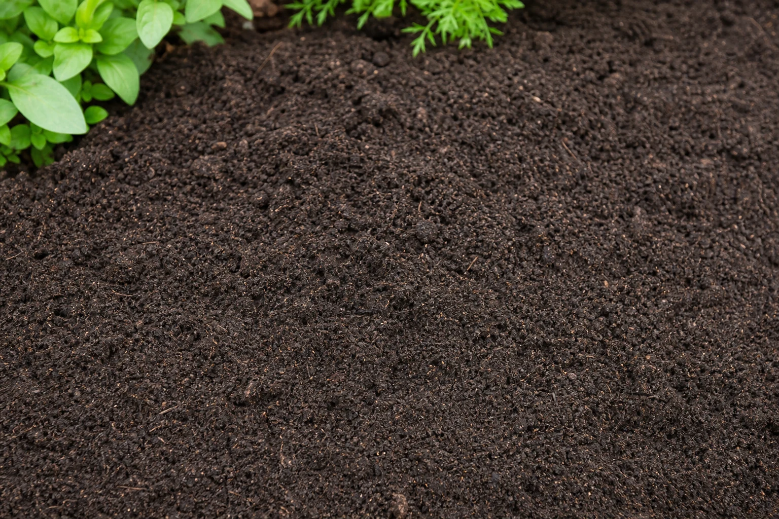 Dark crumbly finished compost spread around closely planted herbs