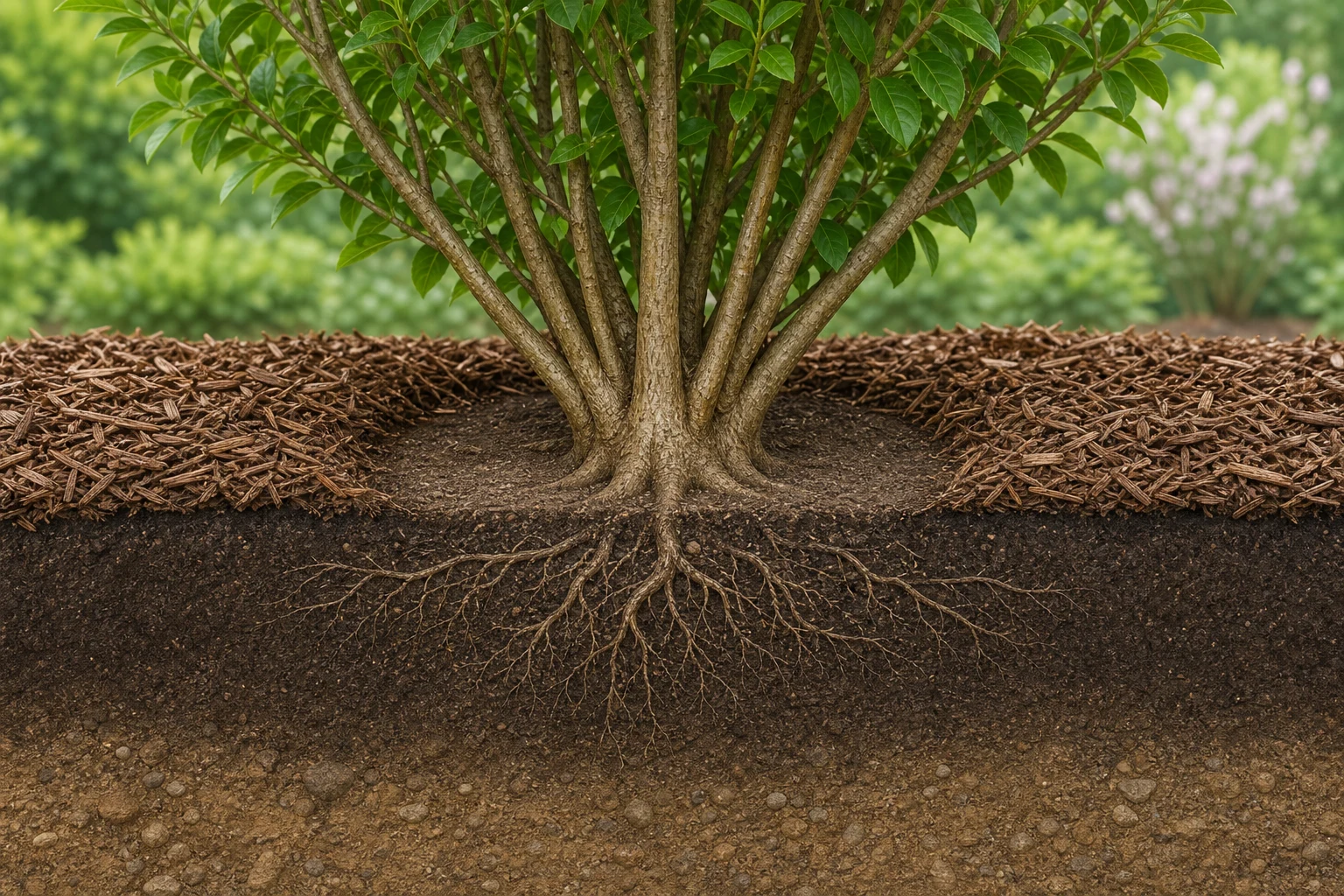 Cutaway shrub bed with an even mulch layer pulled back from the stems and root flare