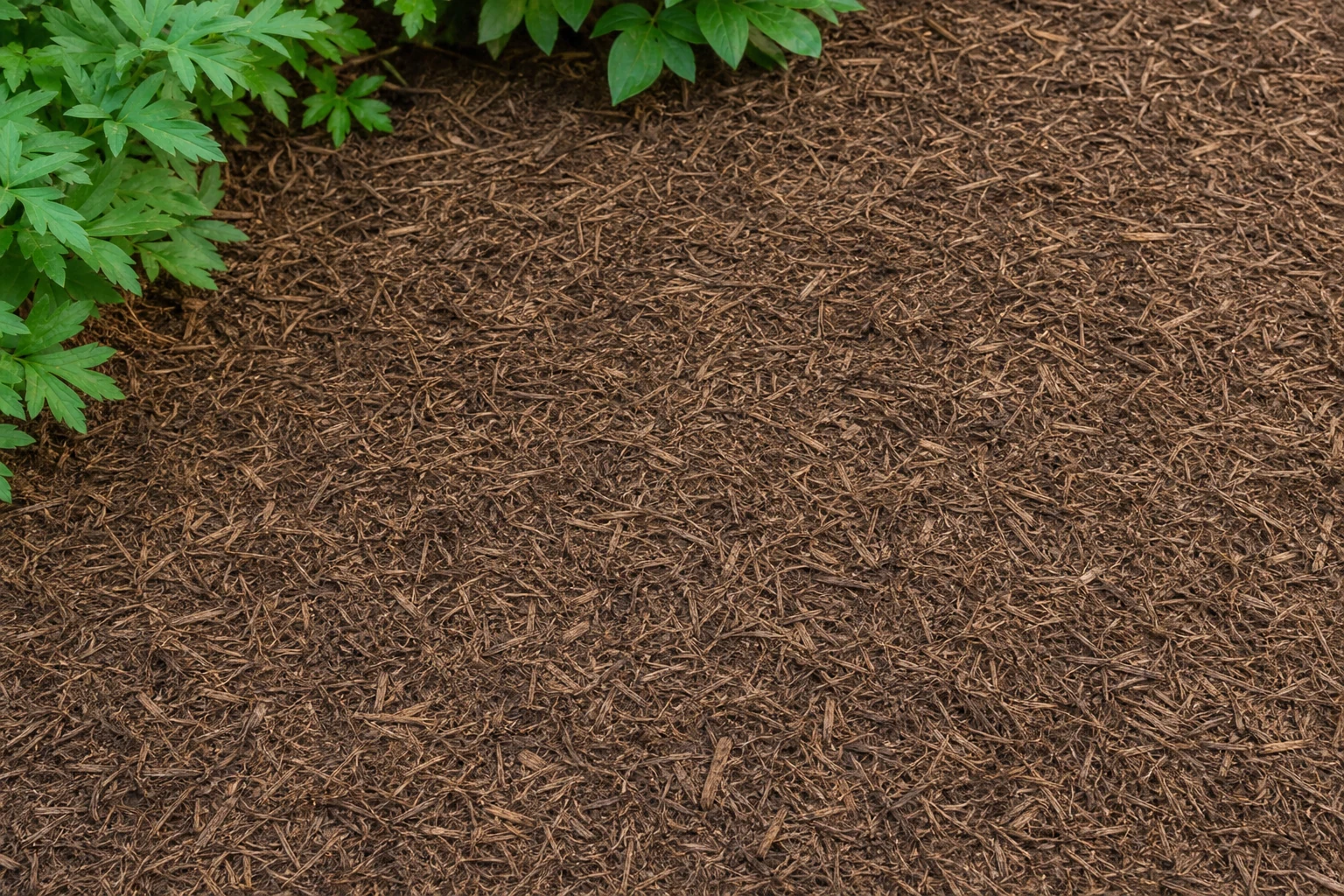Fine fibrous brown shredded bark spread in an ornamental bed