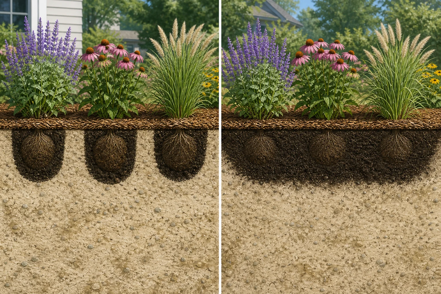 Two planted beds comparing isolated amended holes with one continuous prepared planting band