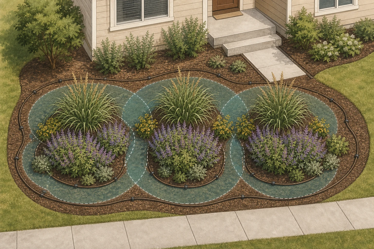 Top-down mulched bed with three repeated plant masses sharing overlapping watering zones
