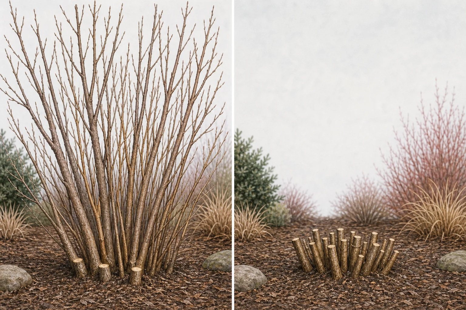 Two shrub-pruning concepts comparing gradual stem renewal with complete rejuvenation