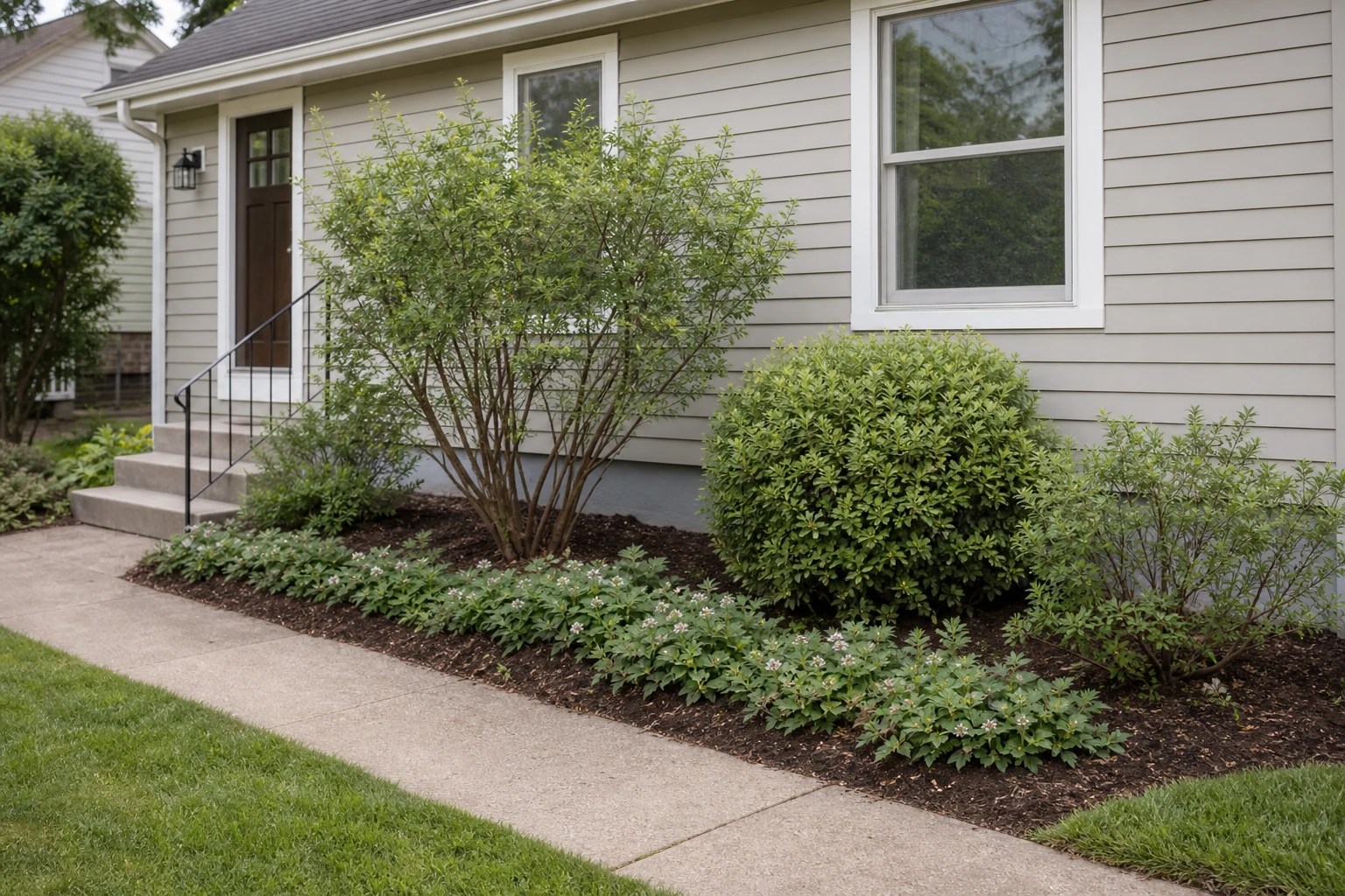 Foundation bed with a retained open multi-stem shrub, compact replacement, smaller retained shrub, and repeated low plants