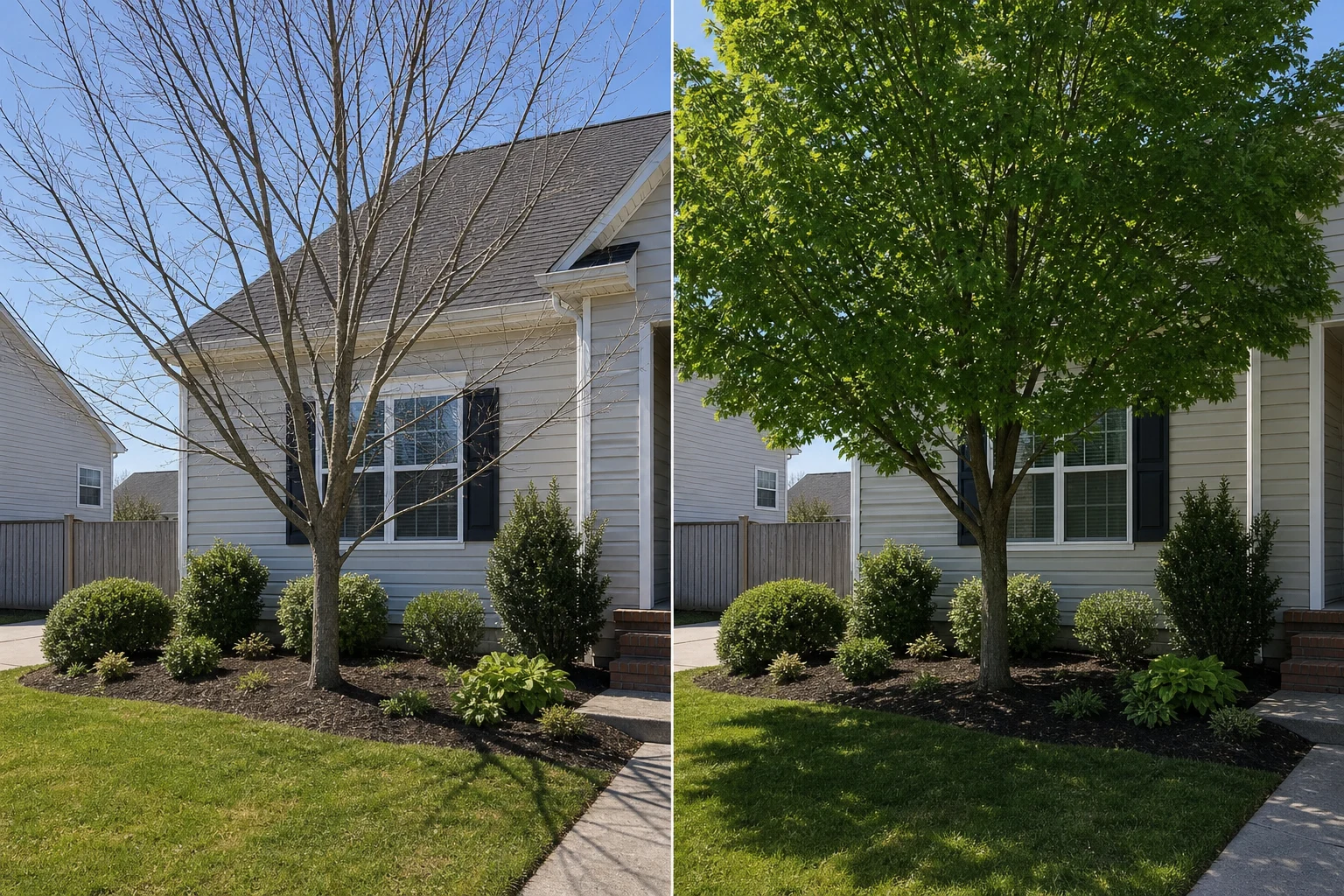 The same foundation bed with direct spring light and broad summer shade from a deciduous tree