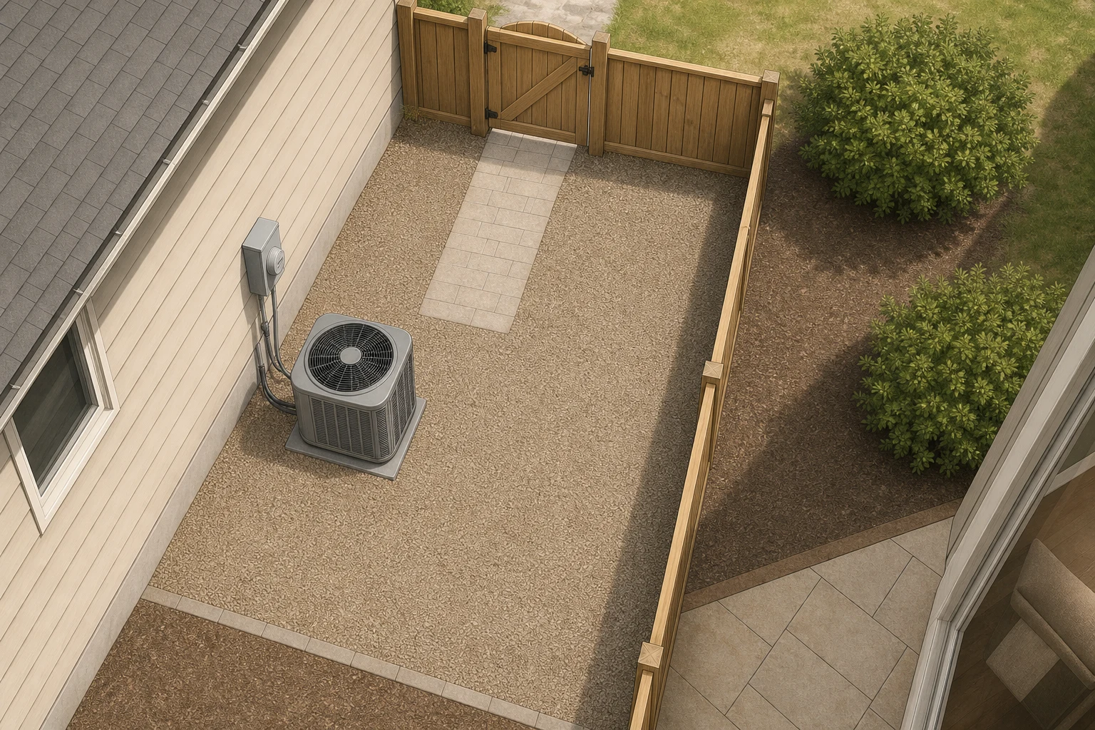 Top-down air-conditioning service zone showing open clearance around the unit and a direct approach from the gate