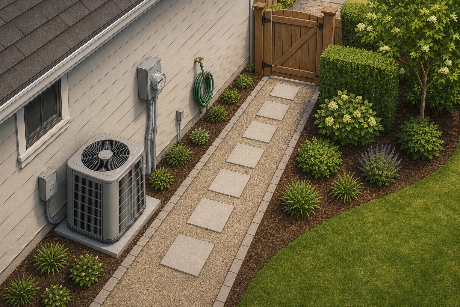 Top-down side-yard plan with a direct gate-to-equipment path and planting kept away from utilities