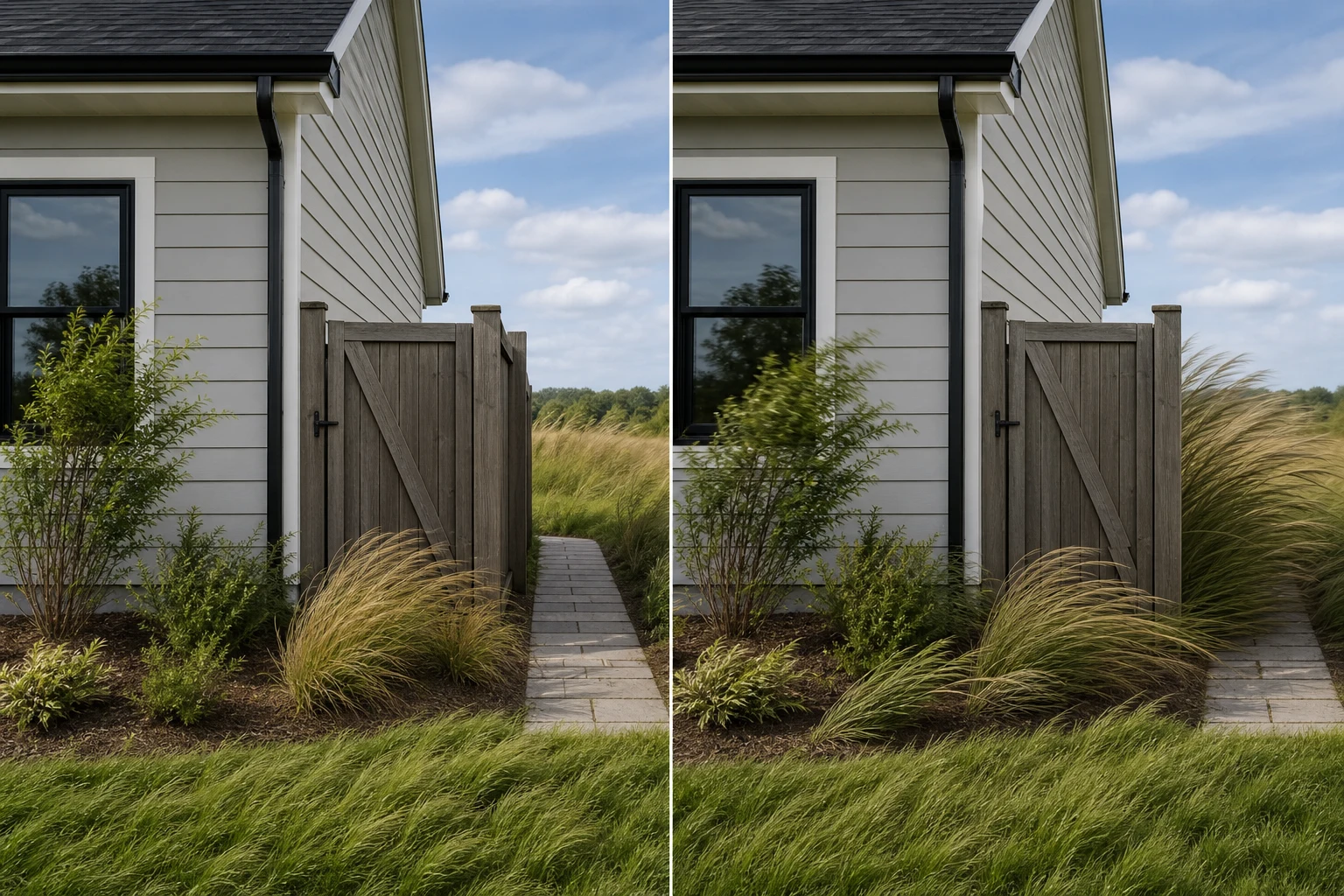 Two yard passages comparing ordinary wind exposure with faster wind through a narrow gate and house gap