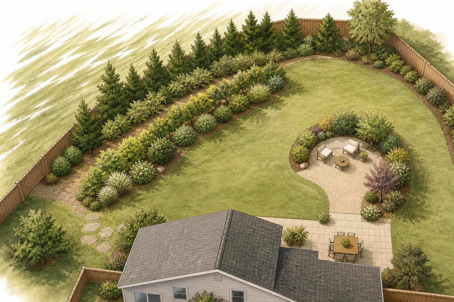Top-down yard plan with staggered wind-filter planting and a sitting area sheltered behind it
