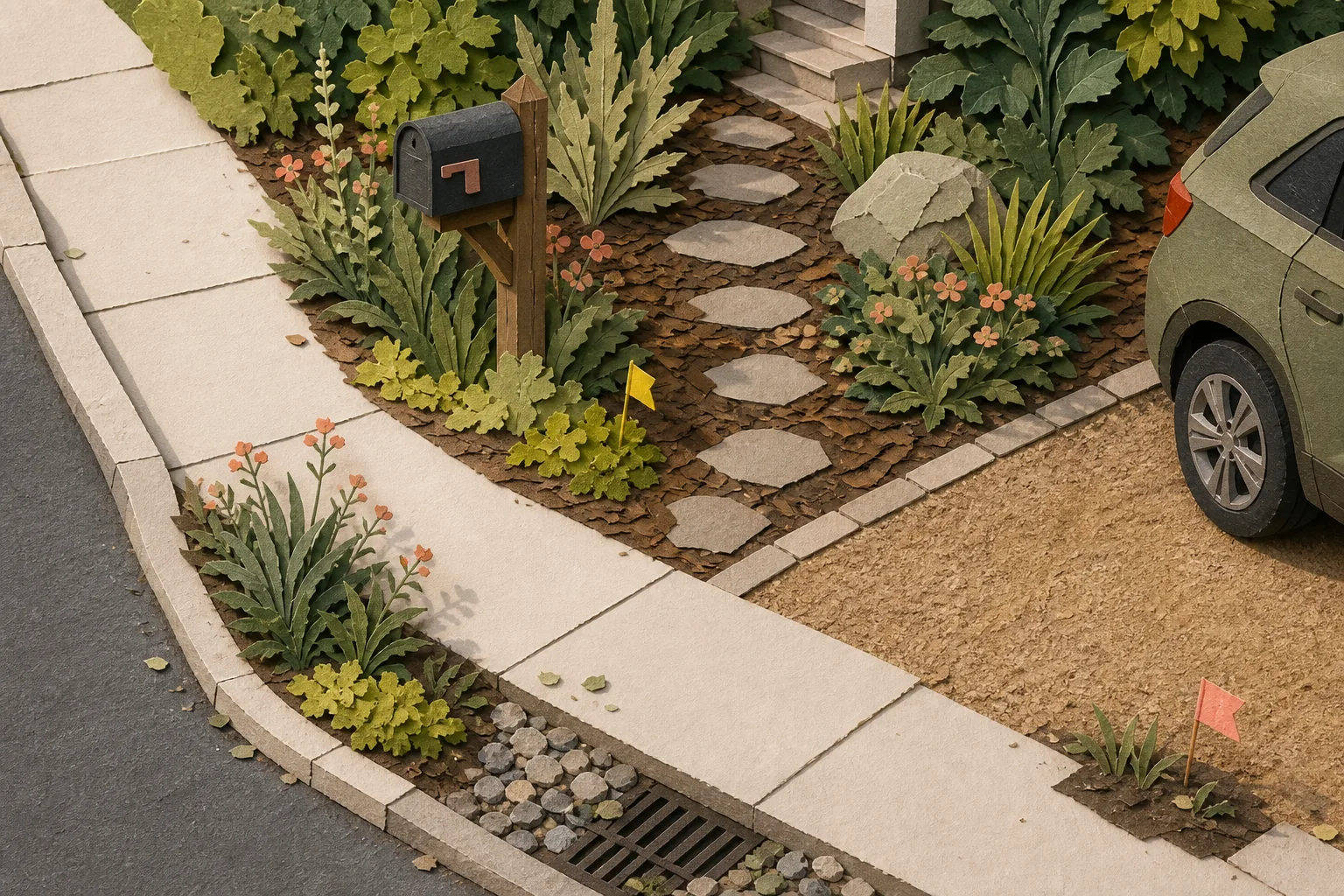 Cut-paper curbside plan with a low mailbox bed, open postal approach, car-door landing, clear corner sightline, sidewalk route, and utility marks
