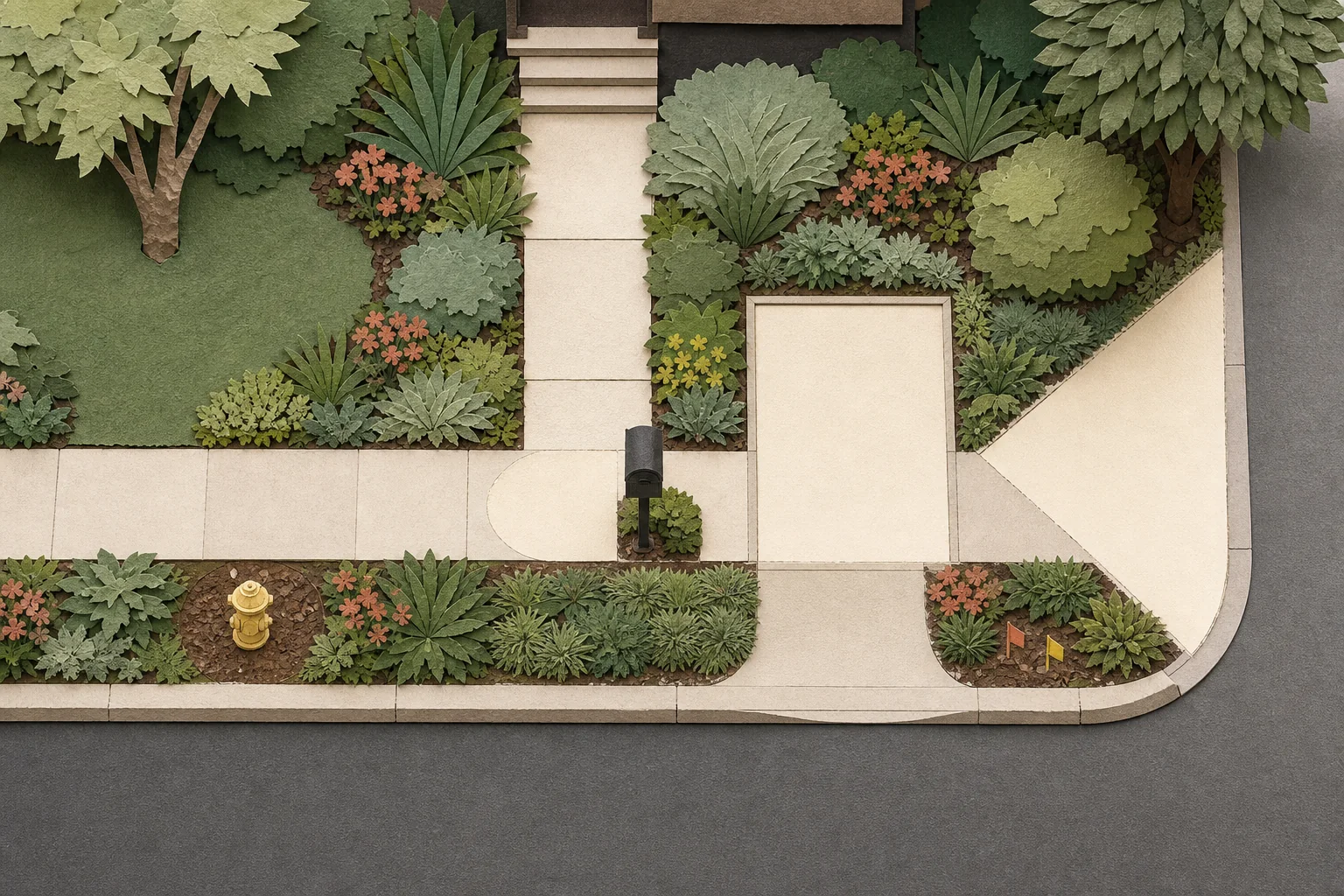 Top-down cut-paper curb strip with overlays for mailbox approach, driver sightline, sidewalk clearance, car-door landing, snow and salt band, and buried utilities