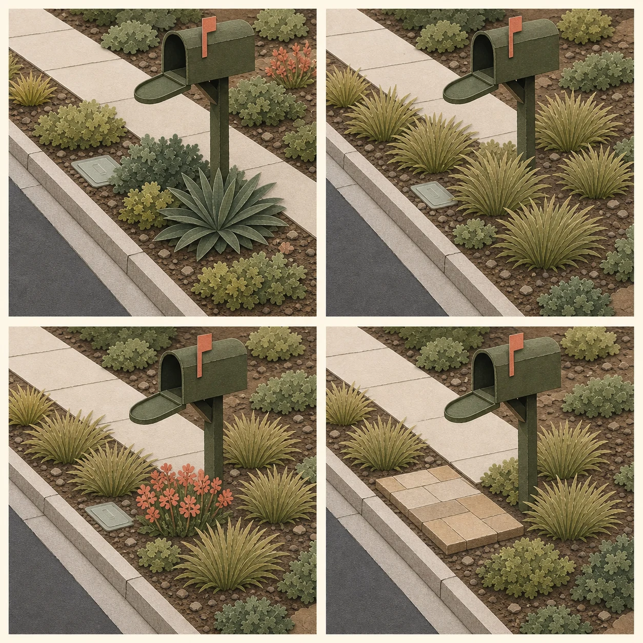 Four cut-paper curb-strip studies showing compact low structure, a repeated herbaceous mass, one concentrated seasonal flower group, and a stable passenger or mailbox access break
