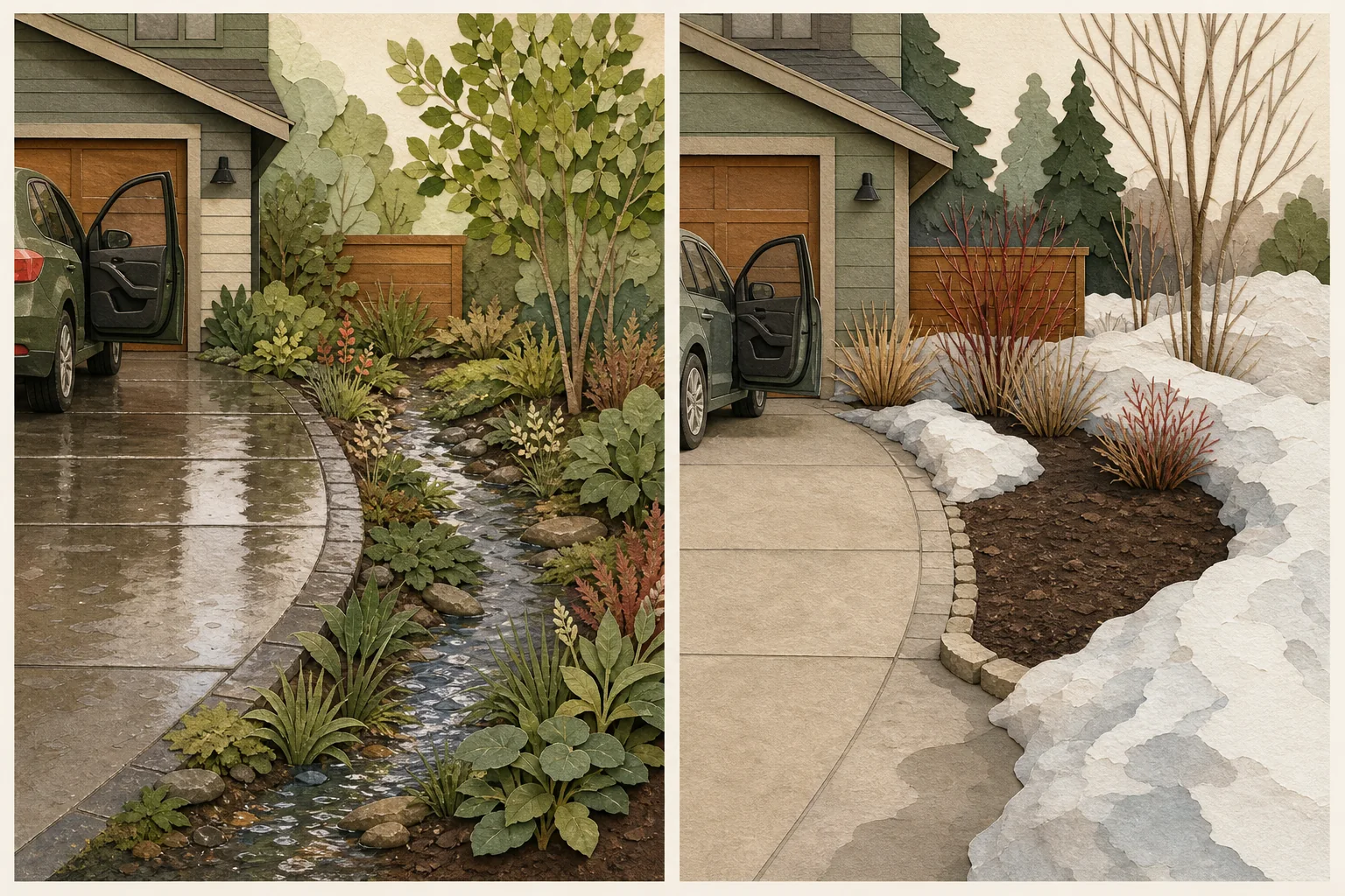 Cut-paper driveway viewed in wet and winter conditions with open car-door pockets, a clear backing corner, protected runoff flow, and a snow-storage edge