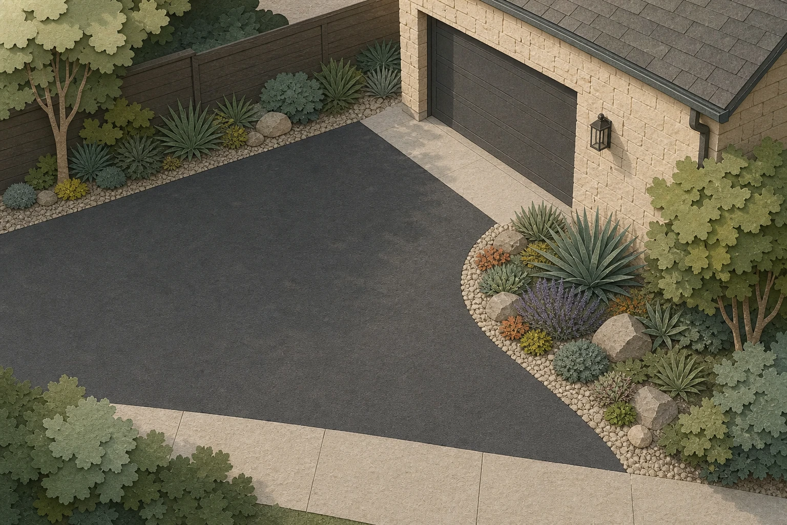 A cut-paper dark asphalt driveway beside a sun-warmed masonry wall and a separate gravelly planting edge