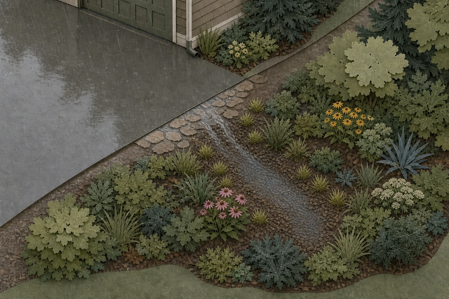 Rainwater leaving a cut-paper private driveway through a stone apron into a broad planted basin with crowns above the flow