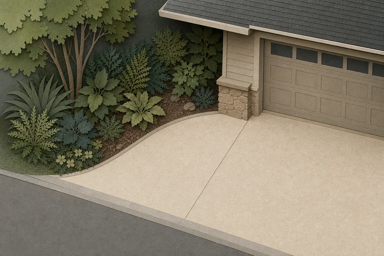 A cut-paper shaded planting pocket beside a garage overhang with the driveway and garage access left clear