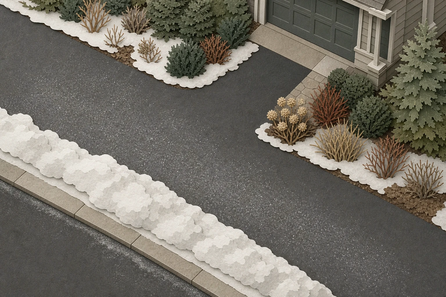 A cut-paper residential driveway with plowed snow, light deicer scatter, and woody plants set back from the treated pavement