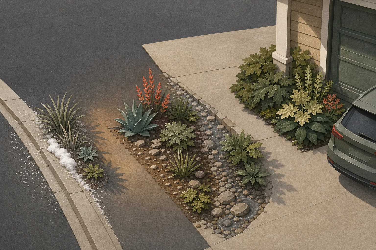 One cut-paper driveway edge changing from a sparse snow and deicer band near the street to a dry reflected-heat area, a stable runoff path, and a sheltered planting pocket near the garage
