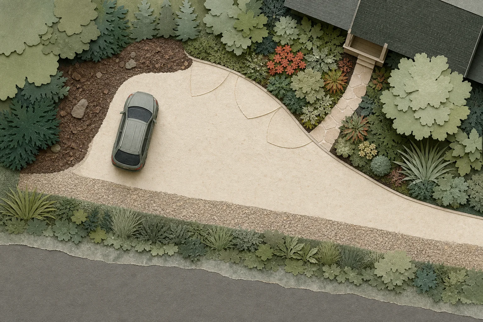 Top-down cut-paper driveway with car-door swing areas, passenger step-out pockets, an open street sightline, a salt and snow edge, and the remaining plantable band