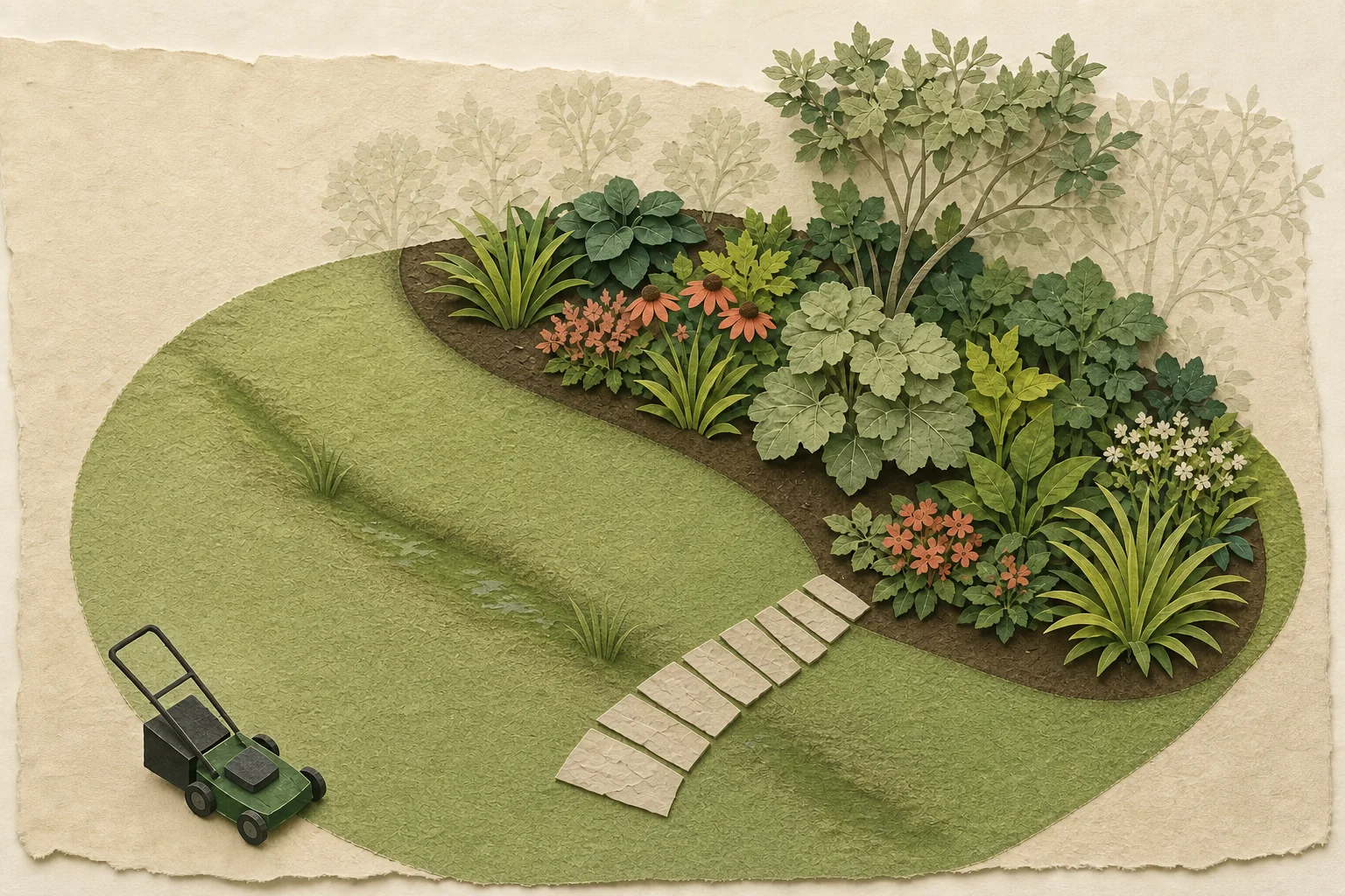 Cut-paper overhead garden edge with utility flags, a clear drainage route, a stable walking surface, mature plant outlines, and a mower path