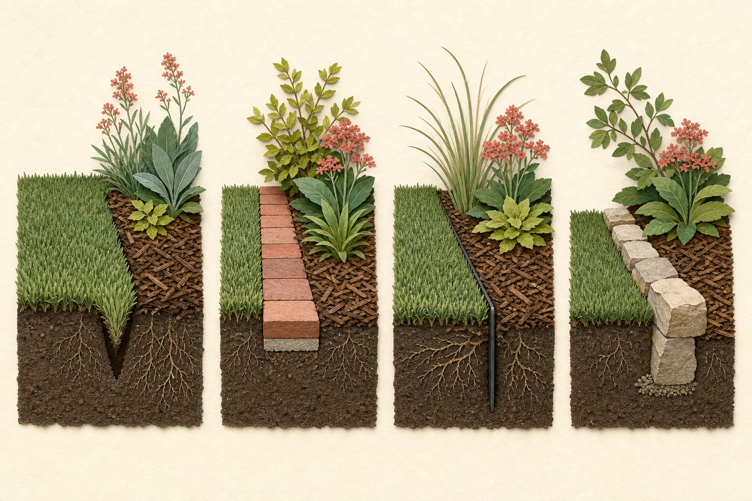 Four cut-paper cross sections showing a cut lawn edge, flush mower edge, buried grass barrier, and raised border holding a shallow level change