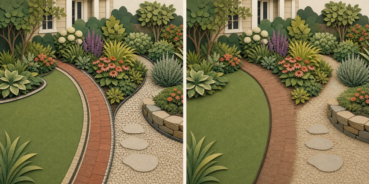 The same cut-paper garden shown with many competing high-contrast edge materials on the left and one restrained repeated edge language used only where needed on the right