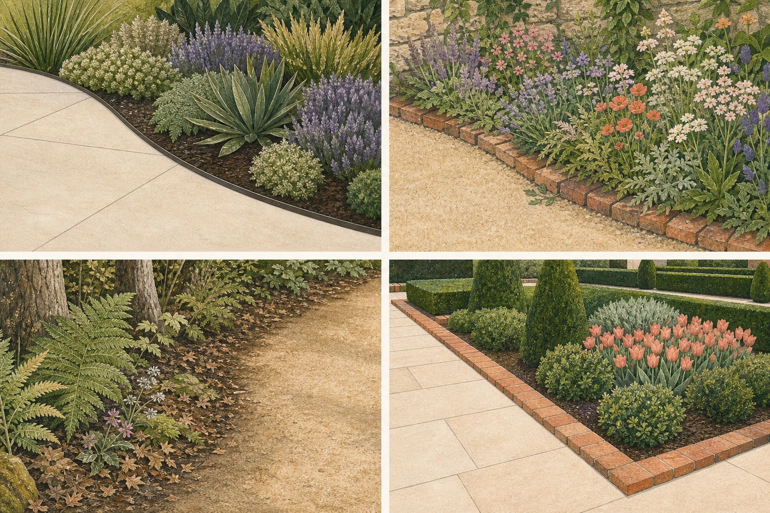 Four garden-edge studies showing a restrained flush curve, softened old-brick cottage edge, quiet woodland transition, and crisp formal brick line