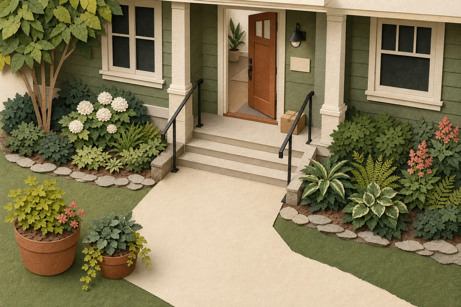 Cut-paper front porch inspection view with an open door swing, uncovered handrails, visible address, clear stair landings, and containers set outside the route