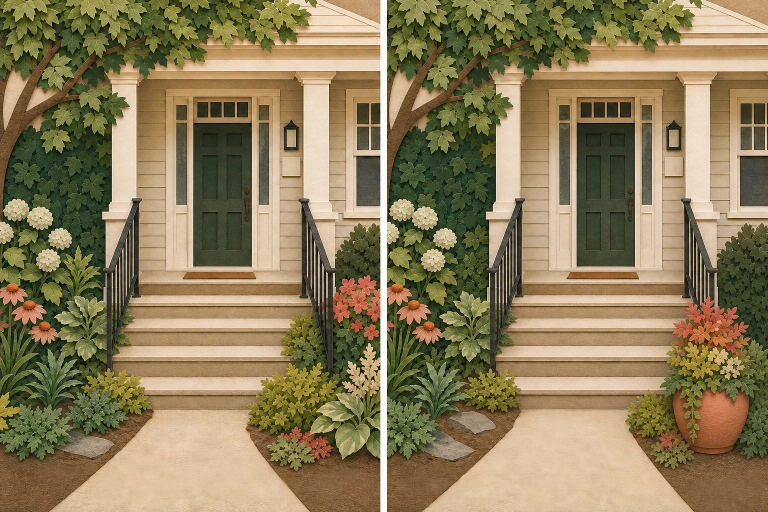 The same cut-paper front porch shown with permanent mature-fit structure in the ground on the left and one stable seasonal container outside the stair route on the right
