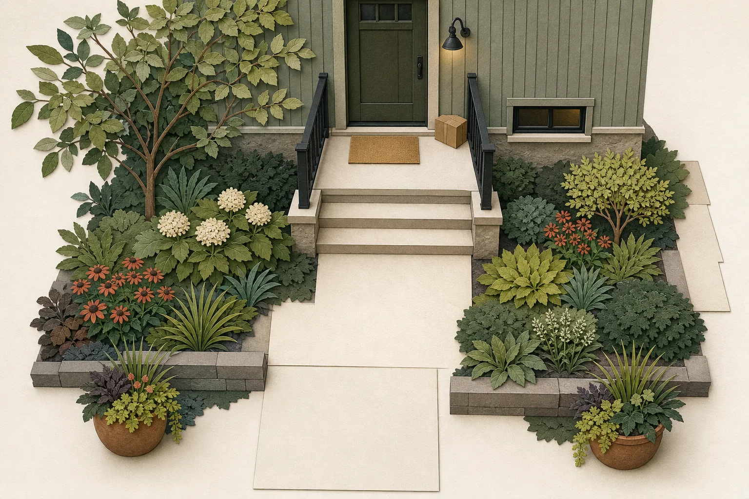 Front porch elevation with shaded keep-clear bands around the front door, house number, window view, handrails, steps, and walking route