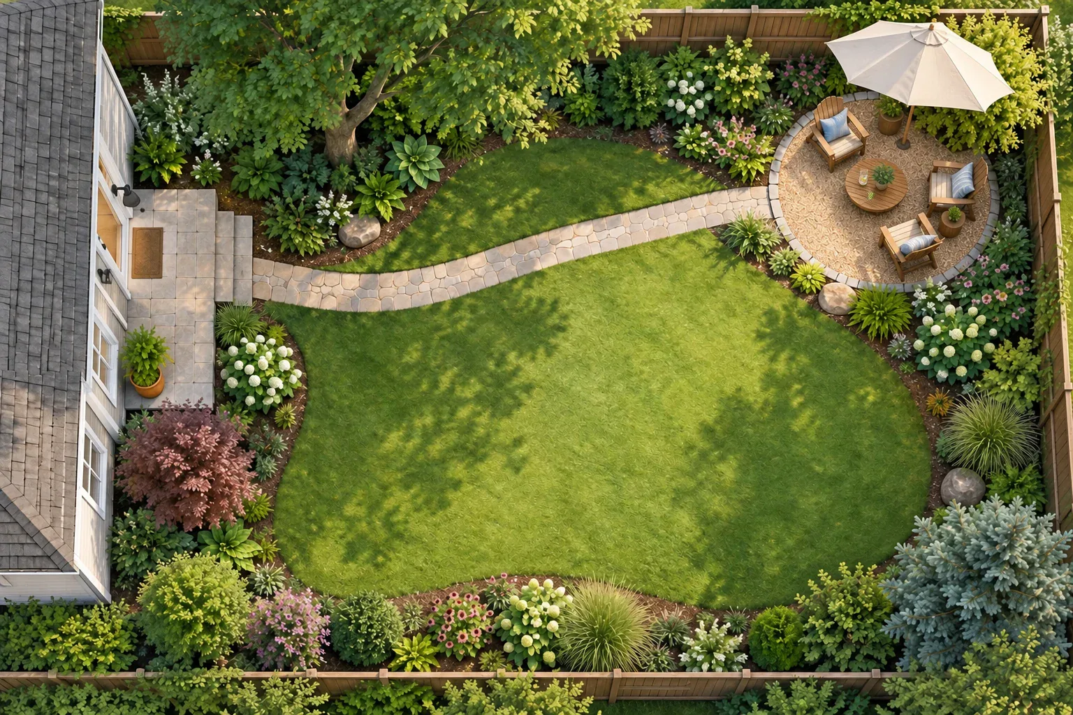 Top-down illustrated backyard plan showing a destination, connected route, planted edges, shade, and open flexible space