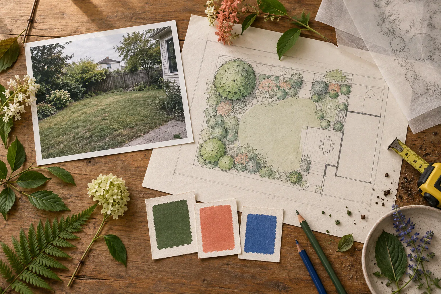 Yard photograph beside a planting sketch and material samples